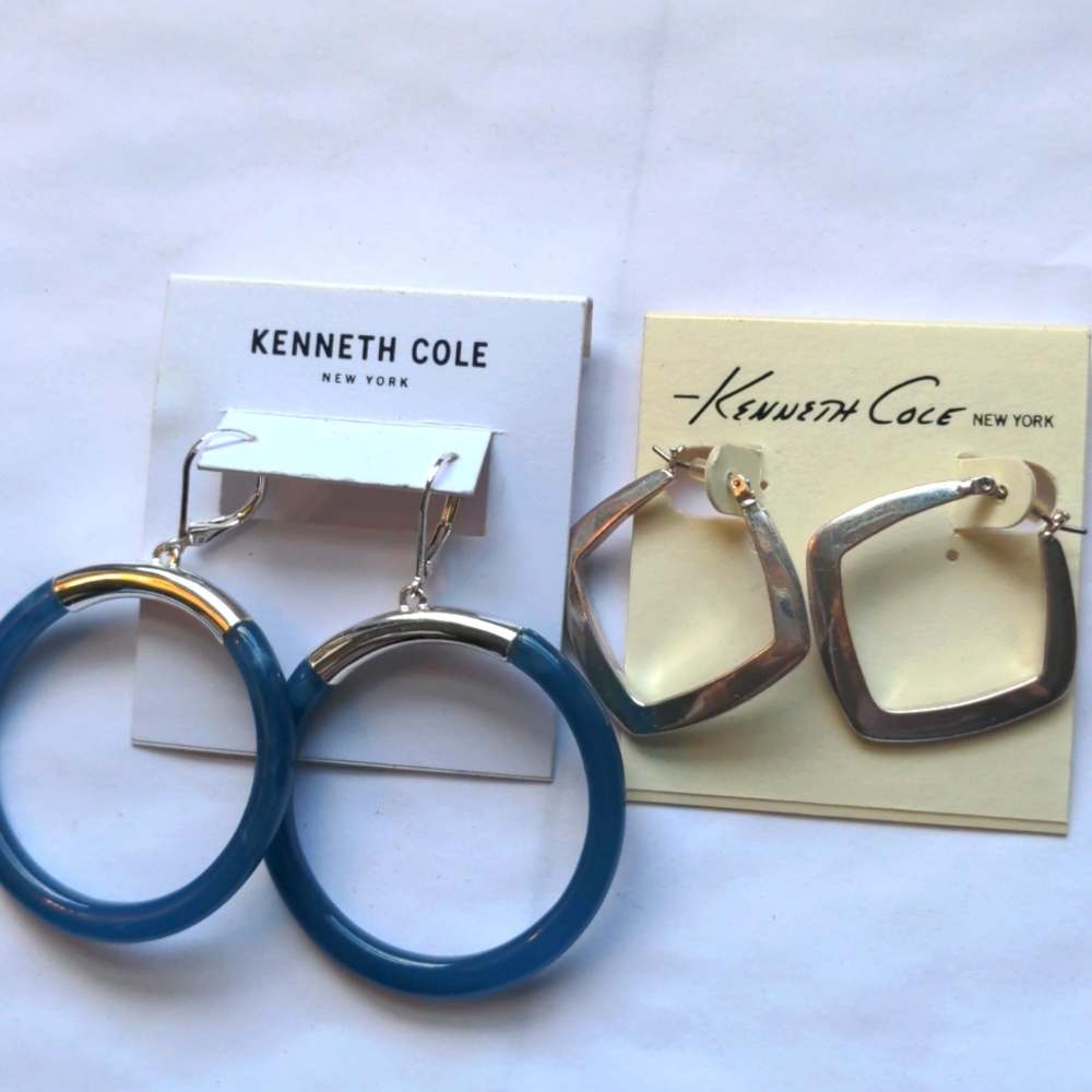 2  NWT Kenneth Cole earrings.  Hoops.  Silver hoops, Blue & silver dangle, drop.